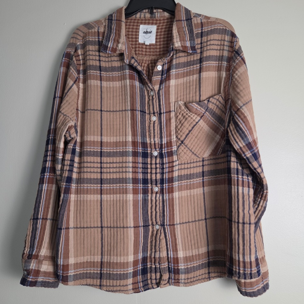 Aerie Womens XL Brown Plaid Gauze Button Down Shirt Oversized Cotton Flannel